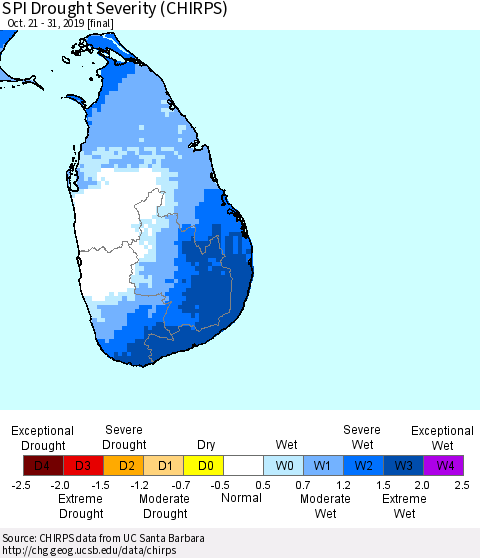 Sri Lanka SPI Drought Severity (CHIRPS) Thematic Map For 10/21/2019 - 10/31/2019