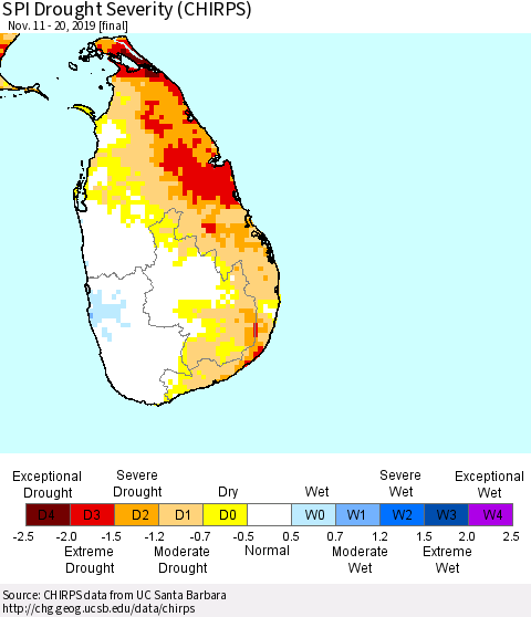Sri Lanka SPI Drought Severity (CHIRPS) Thematic Map For 11/11/2019 - 11/20/2019
