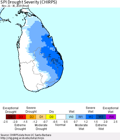 Sri Lanka SPI Drought Severity (CHIRPS) Thematic Map For 11/21/2019 - 11/30/2019