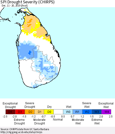 Sri Lanka SPI Drought Severity (CHIRPS) Thematic Map For 12/11/2019 - 12/20/2019