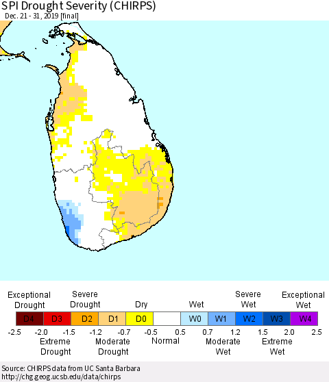 Sri Lanka SPI Drought Severity (CHIRPS) Thematic Map For 12/21/2019 - 12/31/2019