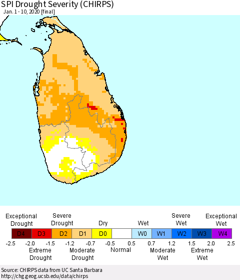 Sri Lanka SPI Drought Severity (CHIRPS) Thematic Map For 1/1/2020 - 1/10/2020