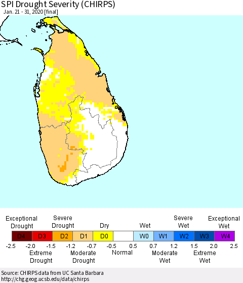 Sri Lanka SPI Drought Severity (CHIRPS) Thematic Map For 1/21/2020 - 1/31/2020