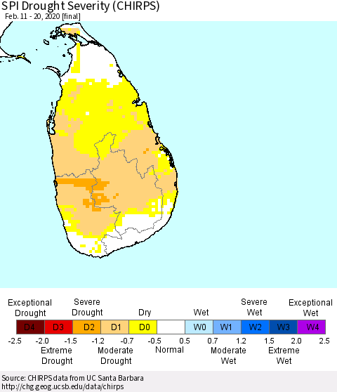 Sri Lanka SPI Drought Severity (CHIRPS) Thematic Map For 2/11/2020 - 2/20/2020