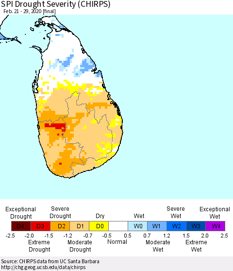 Sri Lanka SPI Drought Severity (CHIRPS) Thematic Map For 2/21/2020 - 2/29/2020
