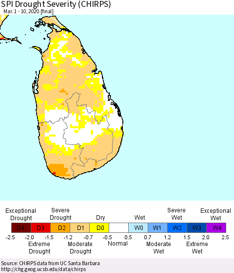 Sri Lanka SPI Drought Severity (CHIRPS) Thematic Map For 3/1/2020 - 3/10/2020