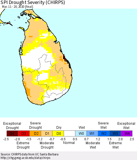 Sri Lanka SPI Drought Severity (CHIRPS) Thematic Map For 3/11/2020 - 3/20/2020