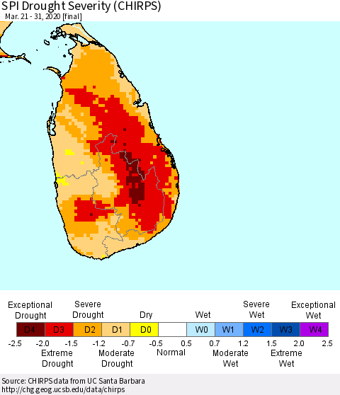 Sri Lanka SPI Drought Severity (CHIRPS) Thematic Map For 3/21/2020 - 3/31/2020