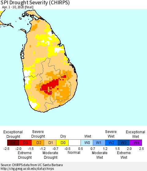 Sri Lanka SPI Drought Severity (CHIRPS) Thematic Map For 4/1/2020 - 4/10/2020