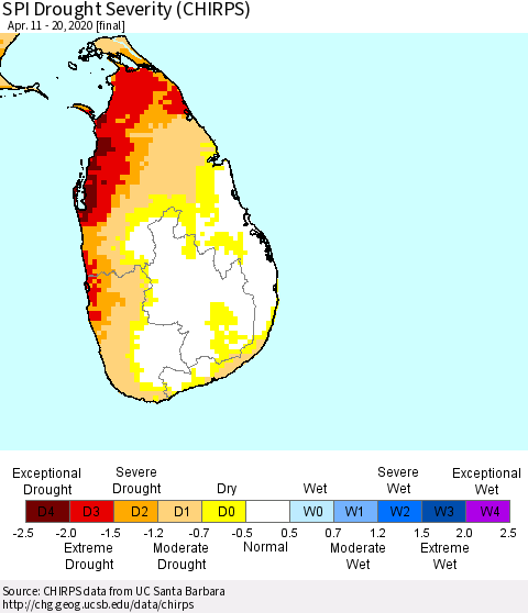 Sri Lanka SPI Drought Severity (CHIRPS) Thematic Map For 4/11/2020 - 4/20/2020
