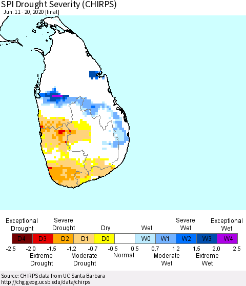 Sri Lanka SPI Drought Severity (CHIRPS) Thematic Map For 6/11/2020 - 6/20/2020