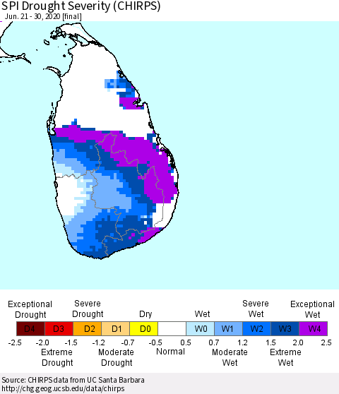 Sri Lanka SPI Drought Severity (CHIRPS) Thematic Map For 6/21/2020 - 6/30/2020
