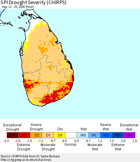 Sri Lanka SPI Drought Severity (CHIRPS) Thematic Map For 8/11/2020 - 8/20/2020