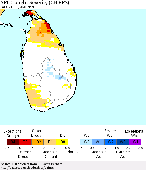 Sri Lanka SPI Drought Severity (CHIRPS) Thematic Map For 8/21/2020 - 8/31/2020