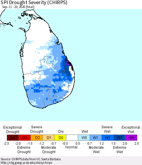 Sri Lanka SPI Drought Severity (CHIRPS) Thematic Map For 9/11/2020 - 9/20/2020