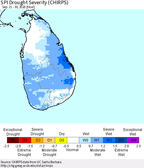 Sri Lanka SPI Drought Severity (CHIRPS) Thematic Map For 9/21/2020 - 9/30/2020