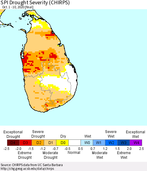 Sri Lanka SPI Drought Severity (CHIRPS) Thematic Map For 10/1/2020 - 10/10/2020