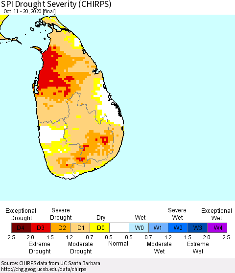 Sri Lanka SPI Drought Severity (CHIRPS) Thematic Map For 10/11/2020 - 10/20/2020
