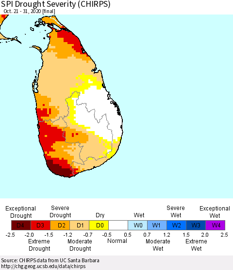 Sri Lanka SPI Drought Severity (CHIRPS) Thematic Map For 10/21/2020 - 10/31/2020
