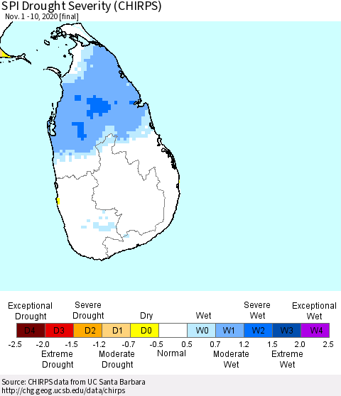 Sri Lanka SPI Drought Severity (CHIRPS) Thematic Map For 11/1/2020 - 11/10/2020