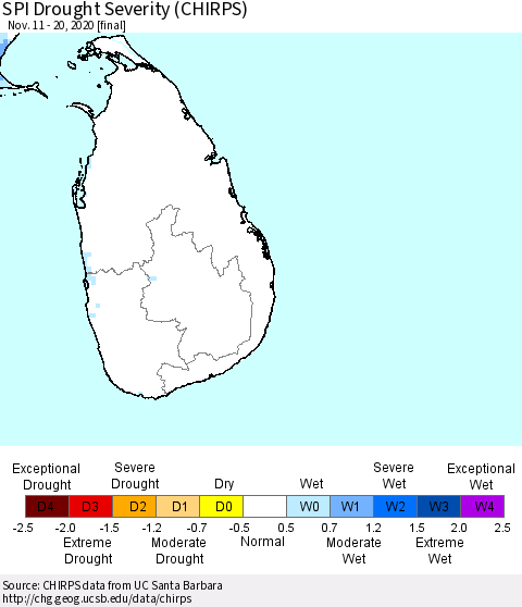 Sri Lanka SPI Drought Severity (CHIRPS) Thematic Map For 11/11/2020 - 11/20/2020