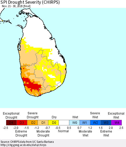 Sri Lanka SPI Drought Severity (CHIRPS) Thematic Map For 11/21/2020 - 11/30/2020