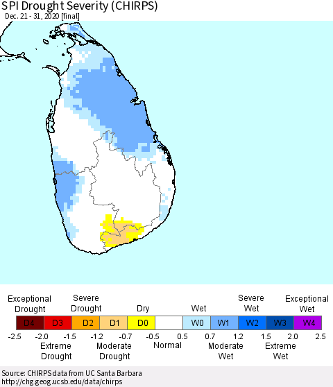 Sri Lanka SPI Drought Severity (CHIRPS) Thematic Map For 12/21/2020 - 12/31/2020