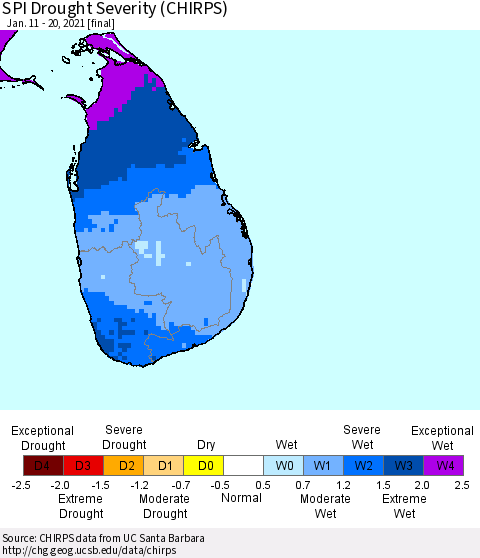 Sri Lanka SPI Drought Severity (CHIRPS) Thematic Map For 1/11/2021 - 1/20/2021