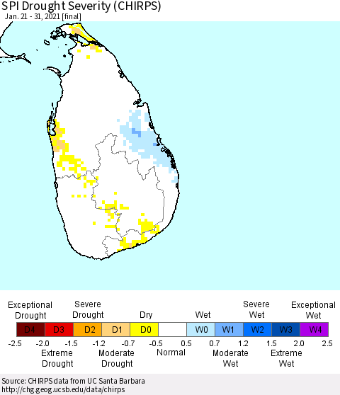 Sri Lanka SPI Drought Severity (CHIRPS) Thematic Map For 1/21/2021 - 1/31/2021