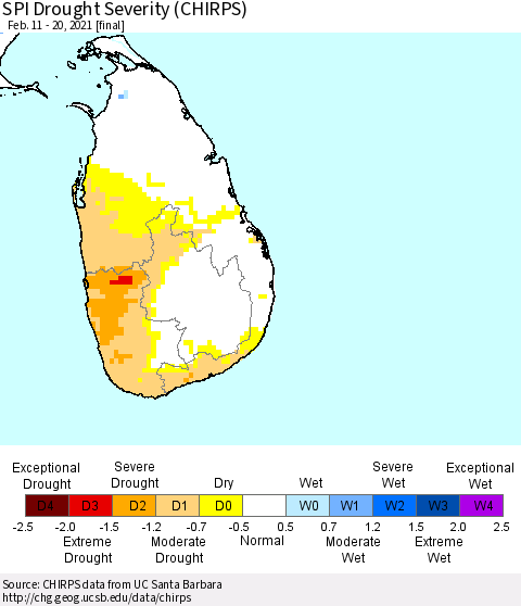 Sri Lanka SPI Drought Severity (CHIRPS) Thematic Map For 2/11/2021 - 2/20/2021