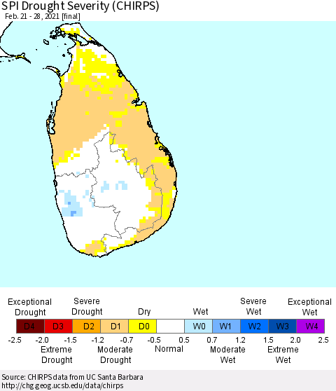 Sri Lanka SPI Drought Severity (CHIRPS) Thematic Map For 2/21/2021 - 2/28/2021