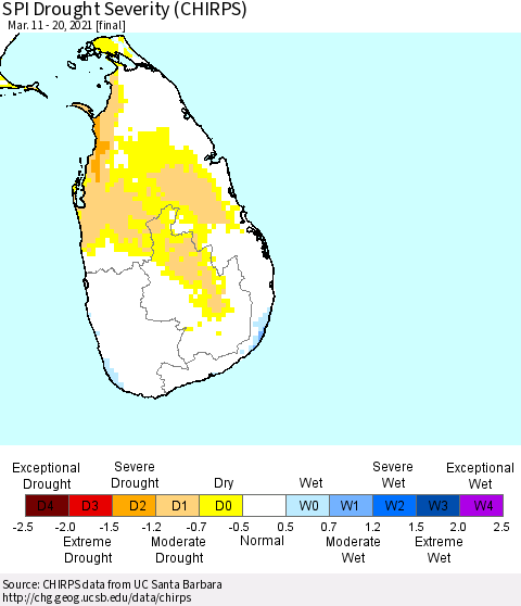 Sri Lanka SPI Drought Severity (CHIRPS) Thematic Map For 3/11/2021 - 3/20/2021