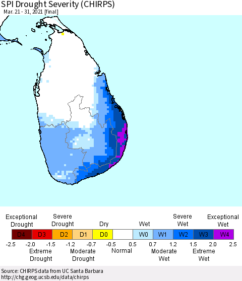 Sri Lanka SPI Drought Severity (CHIRPS) Thematic Map For 3/21/2021 - 3/31/2021