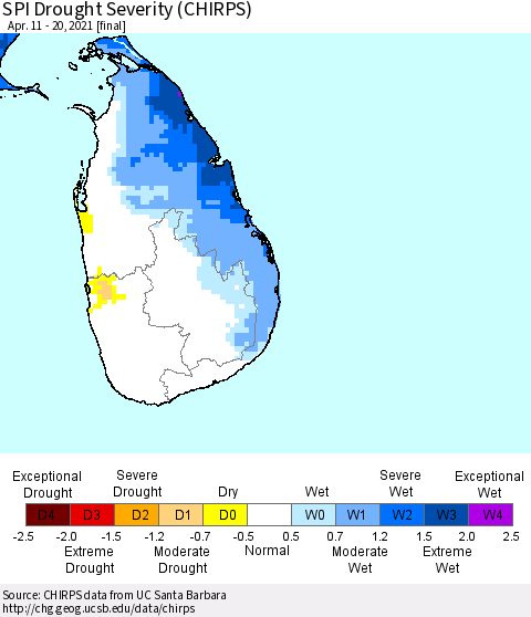 Sri Lanka SPI Drought Severity (CHIRPS) Thematic Map For 4/11/2021 - 4/20/2021