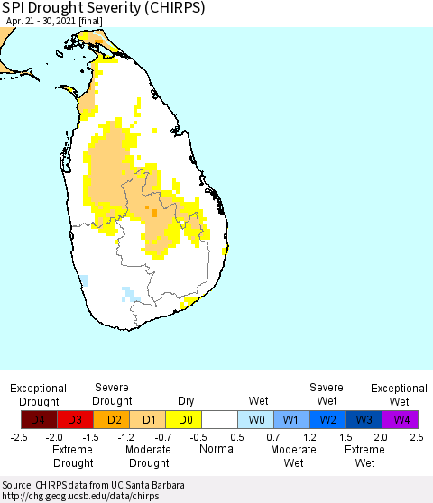 Sri Lanka SPI Drought Severity (CHIRPS) Thematic Map For 4/21/2021 - 4/30/2021