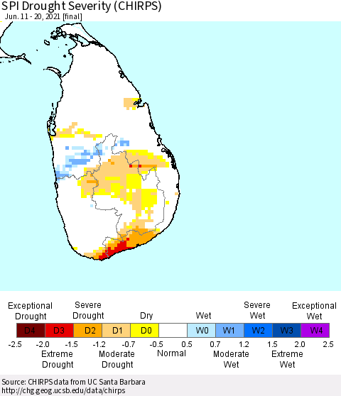 Sri Lanka SPI Drought Severity (CHIRPS) Thematic Map For 6/11/2021 - 6/20/2021