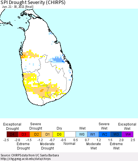 Sri Lanka SPI Drought Severity (CHIRPS) Thematic Map For 6/21/2021 - 6/30/2021