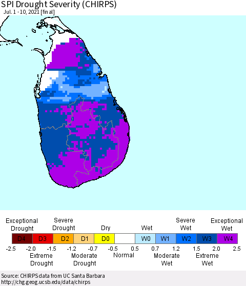 Sri Lanka SPI Drought Severity (CHIRPS) Thematic Map For 7/1/2021 - 7/10/2021