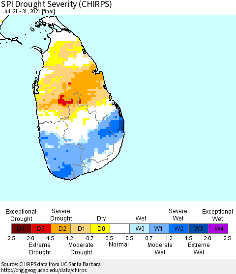 Sri Lanka SPI Drought Severity (CHIRPS) Thematic Map For 7/21/2021 - 7/31/2021