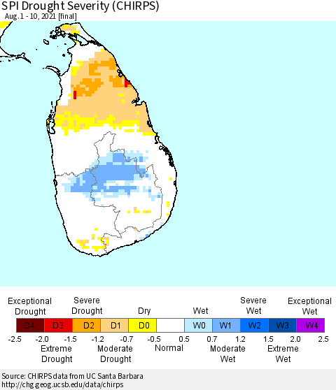 Sri Lanka SPI Drought Severity (CHIRPS) Thematic Map For 8/1/2021 - 8/10/2021
