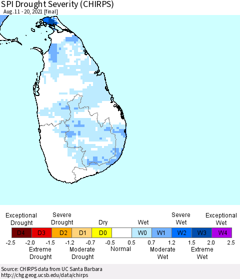 Sri Lanka SPI Drought Severity (CHIRPS) Thematic Map For 8/11/2021 - 8/20/2021