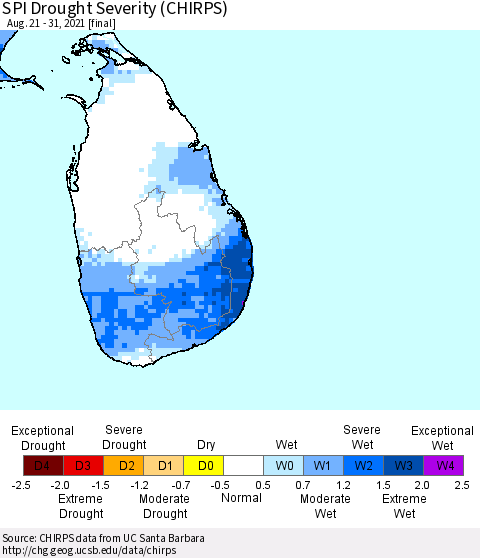 Sri Lanka SPI Drought Severity (CHIRPS) Thematic Map For 8/21/2021 - 8/31/2021