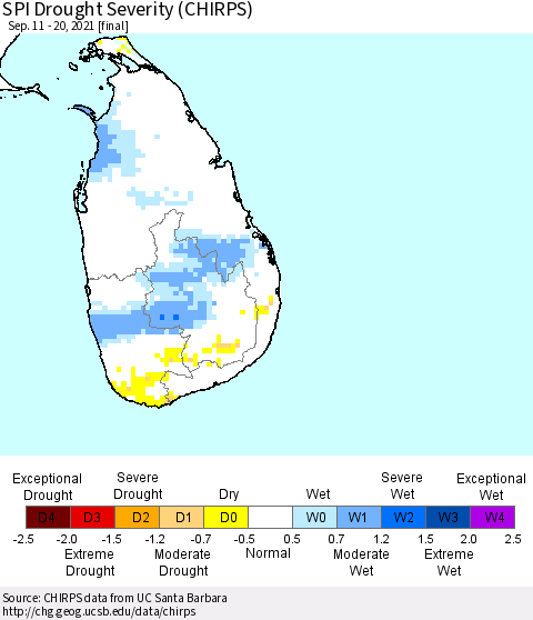 Sri Lanka SPI Drought Severity (CHIRPS) Thematic Map For 9/11/2021 - 9/20/2021