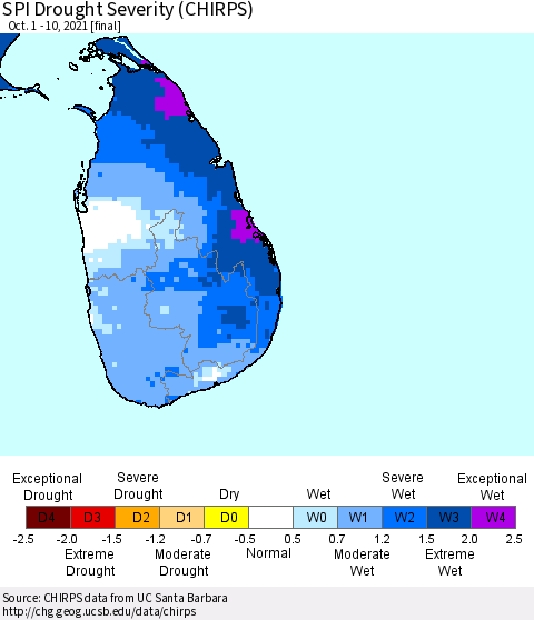 Sri Lanka SPI Drought Severity (CHIRPS) Thematic Map For 10/1/2021 - 10/10/2021