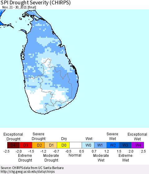 Sri Lanka SPI Drought Severity (CHIRPS) Thematic Map For 11/21/2021 - 11/30/2021
