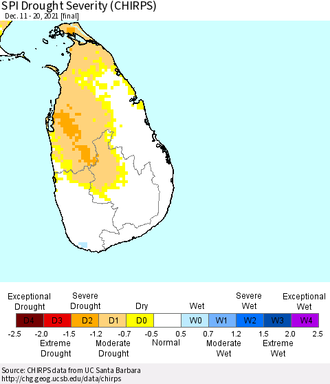Sri Lanka SPI Drought Severity (CHIRPS) Thematic Map For 12/11/2021 - 12/20/2021
