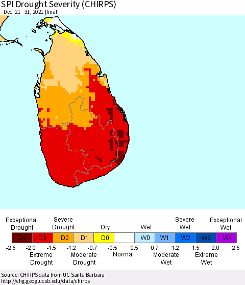 Sri Lanka SPI Drought Severity (CHIRPS) Thematic Map For 12/21/2021 - 12/31/2021