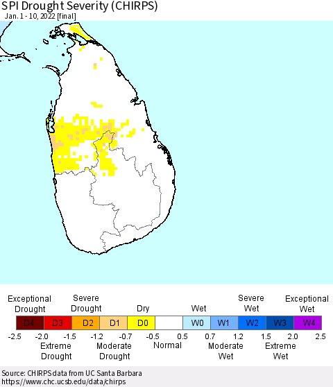 Sri Lanka SPI Drought Severity (CHIRPS) Thematic Map For 1/1/2022 - 1/10/2022