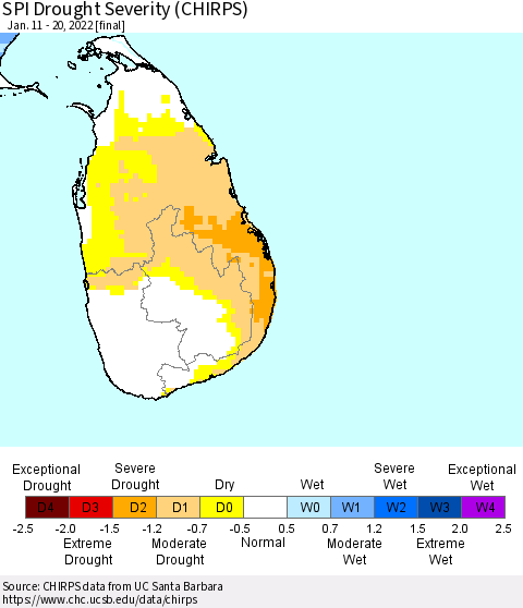 Sri Lanka SPI Drought Severity (CHIRPS) Thematic Map For 1/11/2022 - 1/20/2022