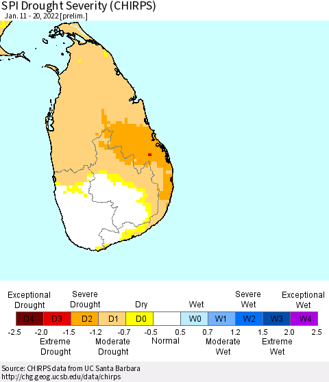 Sri Lanka SPI Drought Severity (CHIRPS) Thematic Map For 1/11/2022 - 1/20/2022